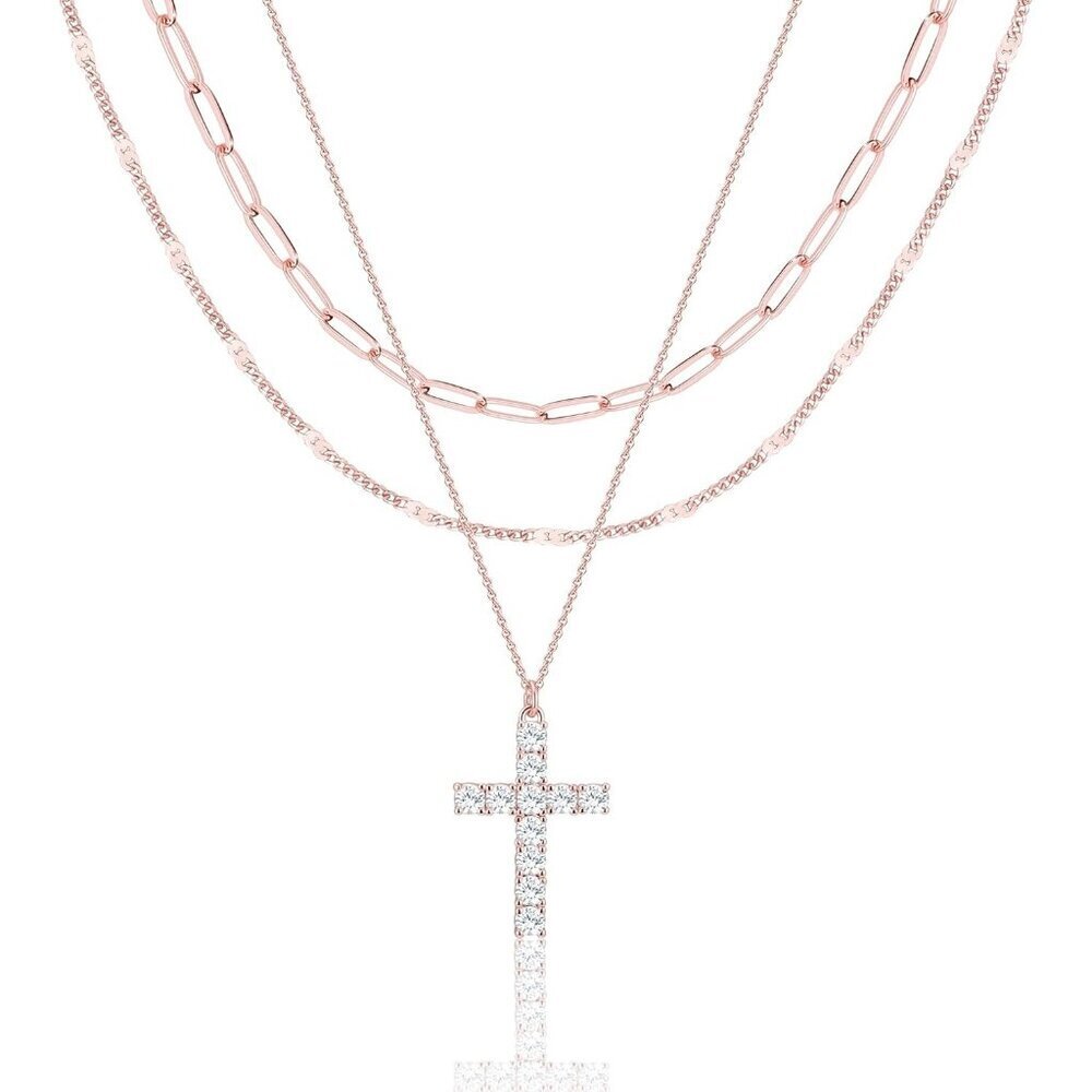 Women's Rose Gold Stone Cross Layered Necklace Simple Paperclip Choker Dot Chain